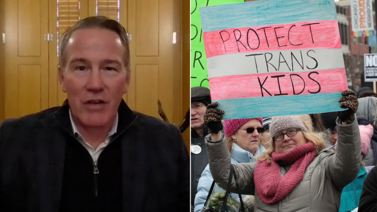 Jon Husted, left; trans rights protesters, right