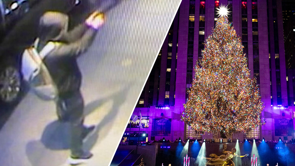 split image of Brian Thompson gunman and Rockefeller tree