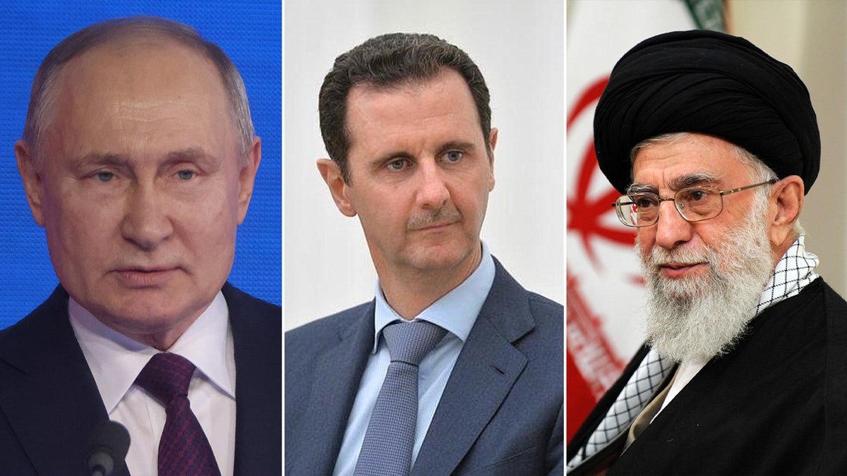 Russian President Vladimir Putin (left), Syrian President Bashar al-Assad (center), Iran's Supreme Leader Ayatollah Ali Khamenei (right).