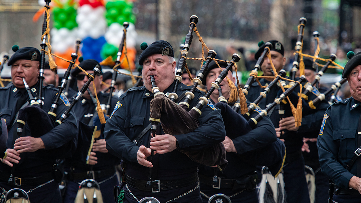 The Boston Police Gaelic Column of Pipes and Drums marches during the annual St. Patrick's Day &amp; Evacuation Day Parade in Boston on March 16, 2025.