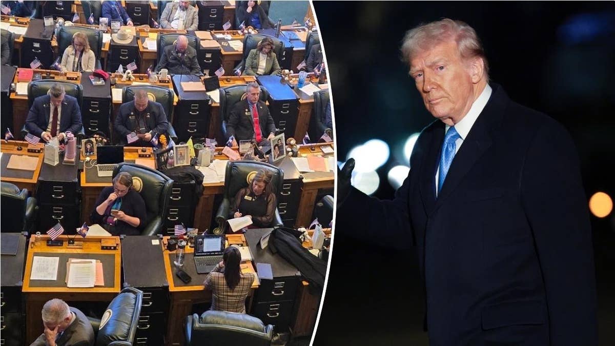 Colorado legislators at desks in chamber, left; President Trump, right 