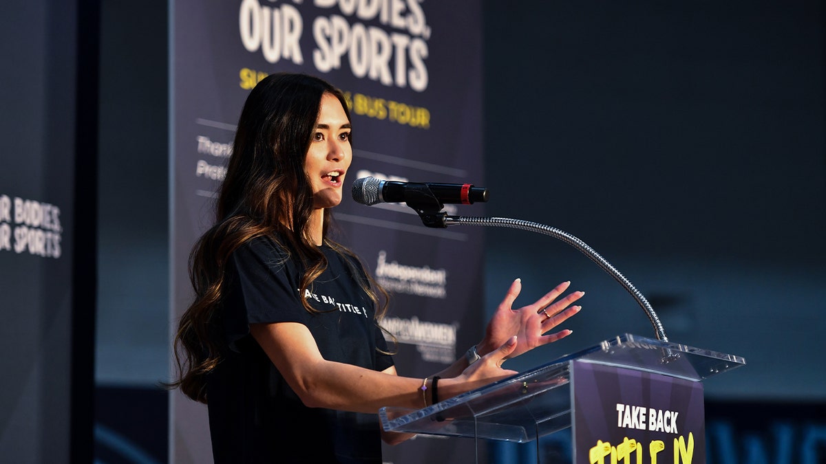 Paula Scanlan shares her story as a swimmer at UPenn competing against teammate Lia Thomas, the first transgender D-1 athlete to win a title, as the Take Back Title IX bus tour made its first stop in Scranton, Pennsylvania, May 29, 2024.