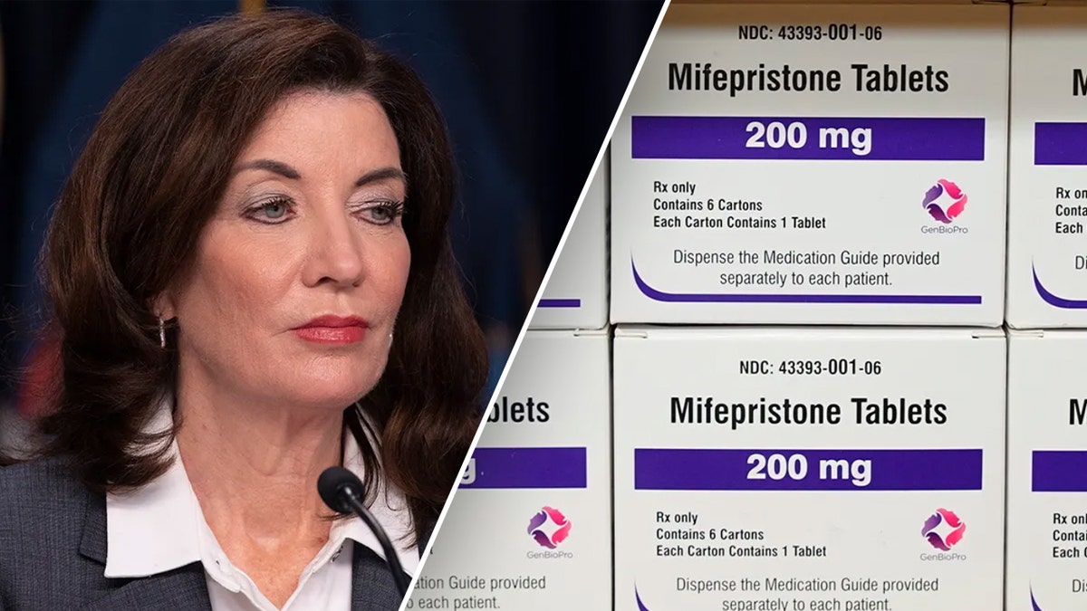 Kathy Hochul, left; abortion pill packaging, right