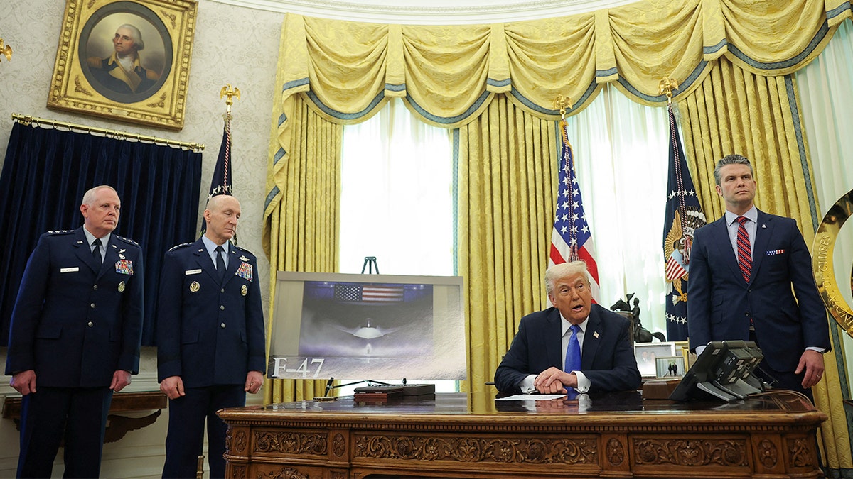 President Trump and Defense Secretary Hegseth answer questions from reporters on the F-47