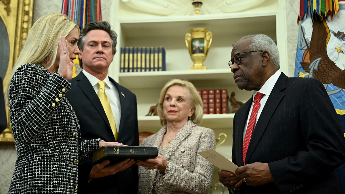 US Attorney General Pam Bondi takes the oath of office in the Oval Office