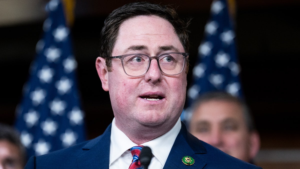 Rep. Mike Flood, R-Neb., speaks during a news conference on a proposed constitutional amendment "to require that the Supreme Court of the United States be composed of nine justices, in the Capitol Visitor Center on Wednesday, January 11, 2023.