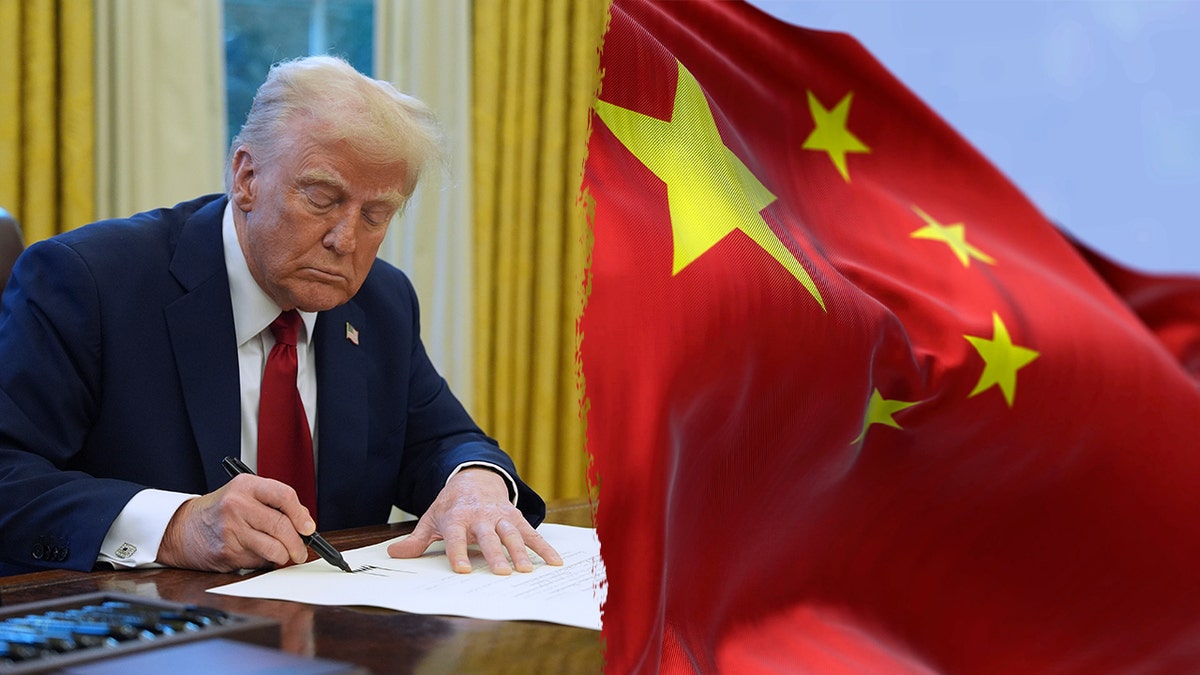 Split image of Trump and Chinese flag