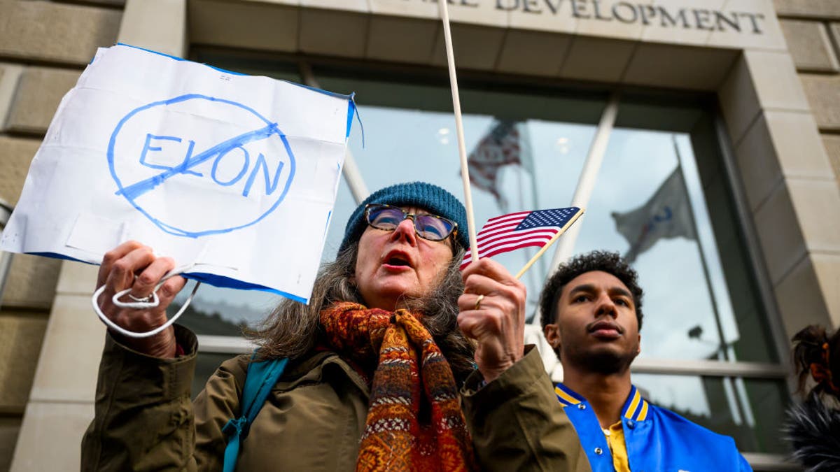 People protest Elon Musk outside the USAID building