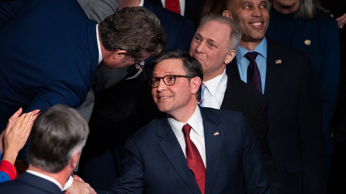 Speaker of the House Mike Johnson, R-La., is congratulated by Rep. Andy Ogles, R-Tenn., left, in the House chamber of the U.S. Capitol after Johnson won the speakership for the 119th Congress on Friday, January 3, 2025. 