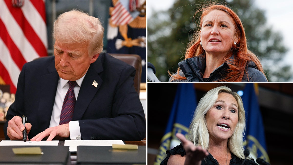 President Donald Trump signing executive order, Rep. Marjorie Taylor and Greene, and Rep. Melanie Stansbury