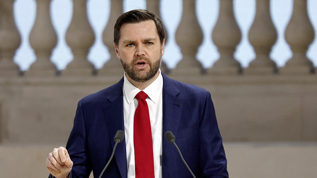 Vice President JD Vance delivers a speech during the plenary session of the Artificial Intelligence (AI) Action Summit at the Grand Palais in Paris on Feb. 11, 2025.