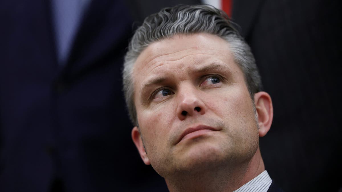 U.S.Defense Secretary Pete Hegseth looks on, as U.S. President Donald Trump meets NATO Secretary General Mark Rutte, in the Oval Office at the White House in Washington, D.C., U.S., March 13, 2025.