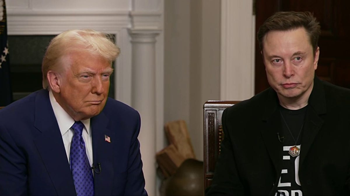 President Donald Trump (left) sits next to DOGE head Elon Musk (right)