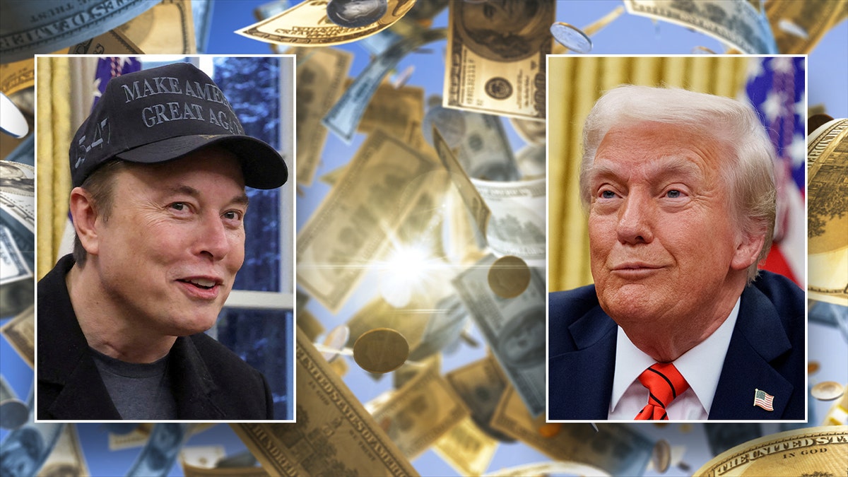 left inset: Musk, left; Trump right inset; falling cash main image