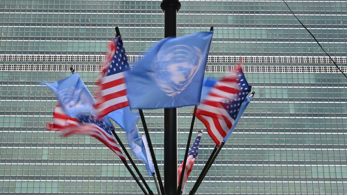 Flags of the UN and USA fly outside the United Nations headquarters ahead of the 78th session of the United Nations General Assembly in New York City on September 15, 2023.