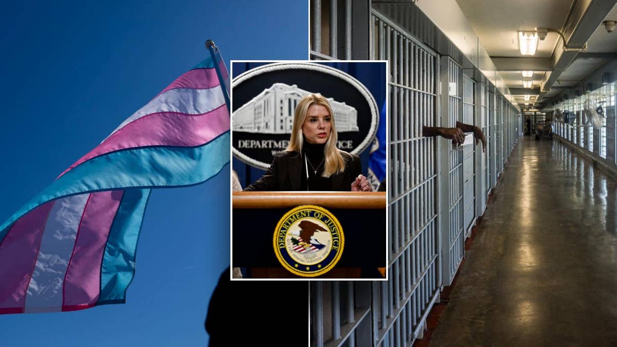 AG Pam Bondi, center panel, with trans flag at left, prison shown at right