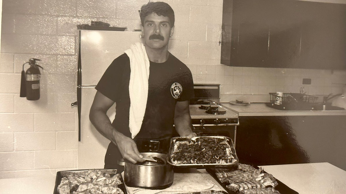 Ken Tekiela cooking at the firehouse kitchen.