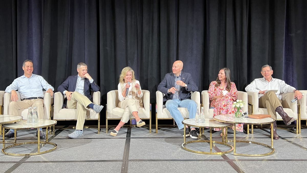 National Republican Senatorial Committee vice chairs, from left to right, Sens. Bernie Moreno of Ohio, Jim Banks of Indiana, Marsha Blackburn of Tennessee, Pete Ricketts of Nebraska, and Katie Britt of Alabama, join Senate Majority Whip Sen. John Barrasso of Wyoming at a panel discussion at the NRSC winter meeting, in Palm Beach, Florida.