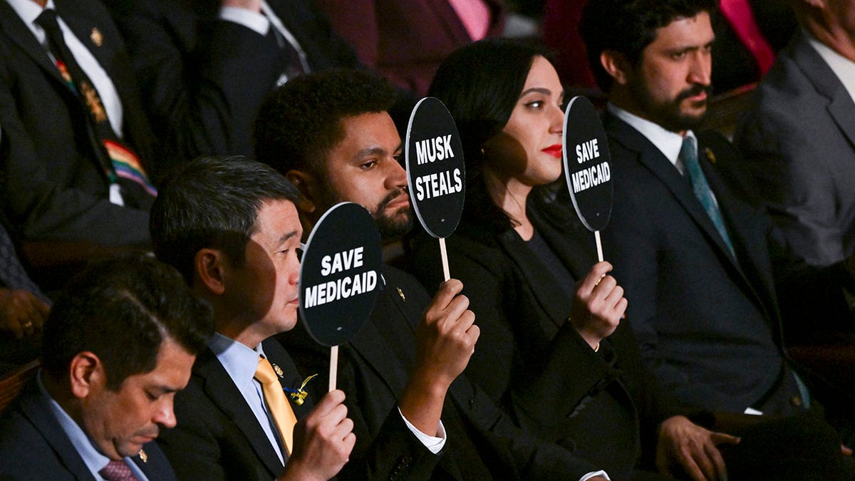 Democrats hold anti-Trump signs during Trump congressional address