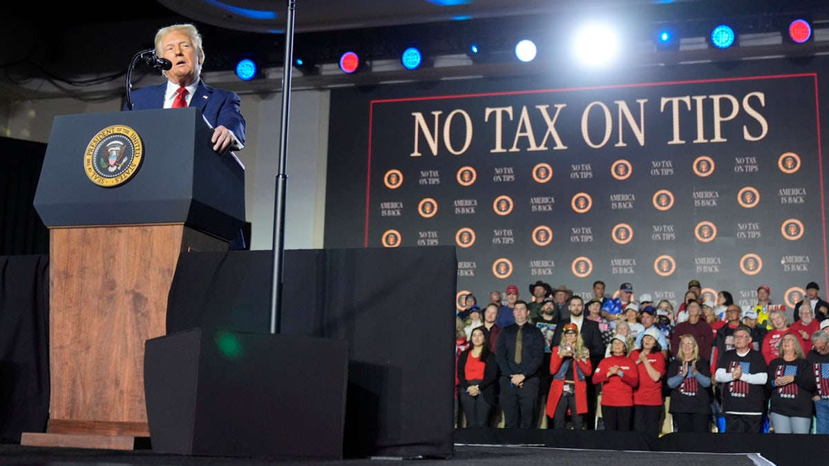 President Donald Trump speaks about the economy during an event at the Circa Resort and Casino in Las Vegas, Saturday, Jan. 25, 2025. 