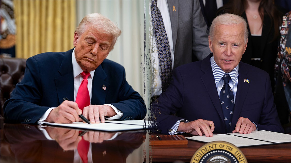 Trump signing document; Biden at signing desk