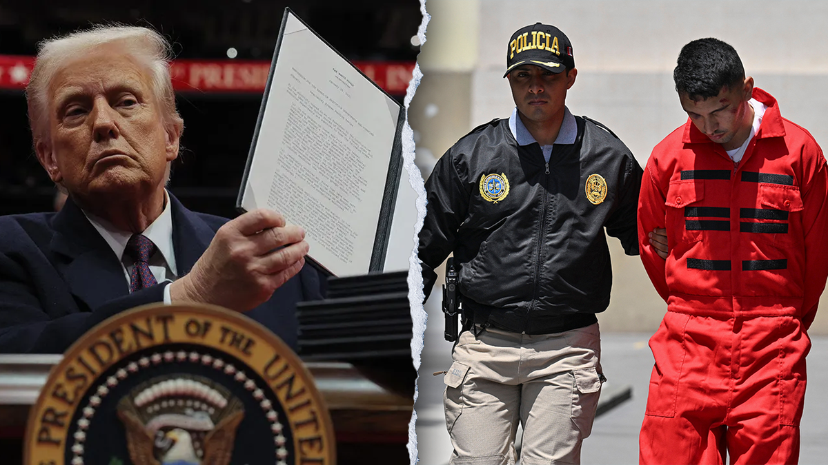 Trump holding up executive order, left; Tren de Aragua member arrested, right