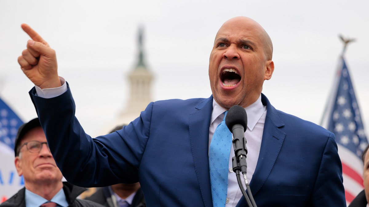 WASHINGTON, DC - FEBRUARY 05: U.S. Sen. Cory Booker (D-NJ) speaks at a rally in support of USAid on the grounds of the U.S. Capitol on February 05, 2025 in Washington, DC. USAid employees and supporters protested against the Trump Administration's sudden closure of USAid resulting in the canceling aid work, conflict prevention and foreign policy work around the world as well as potentially laying off thousands of employees. (Photo by Chip Somodevilla/Getty Images)  