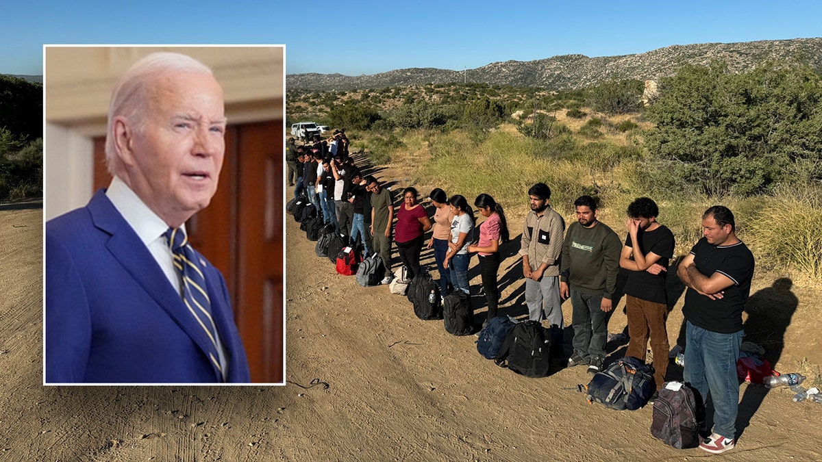 Biden inset photo, left; main photo of migrants