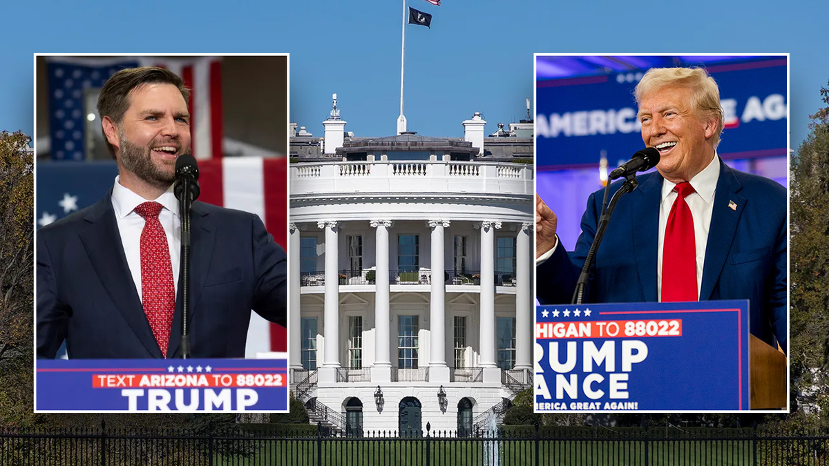 Vice President JD Vance, left, and President Donald Trump, right, with the White House, background 