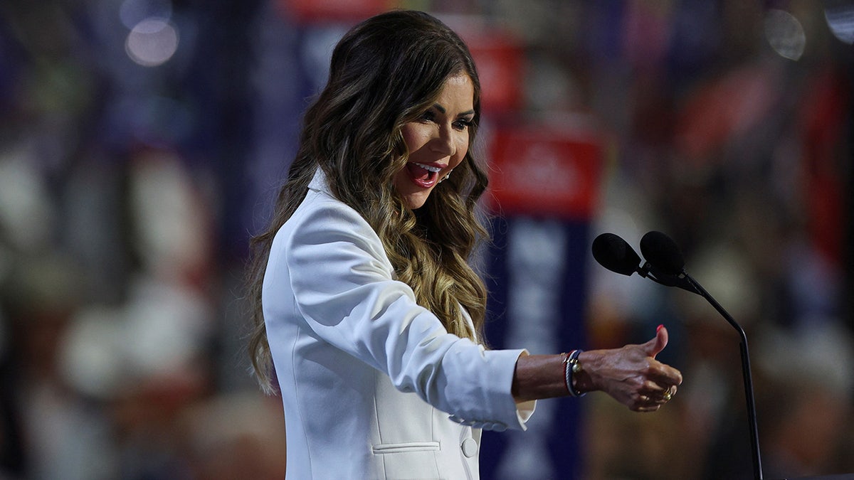 South Dakota Governor Kristi Noem greets attendees as she speaks on Day 1 of the Republican National Convention