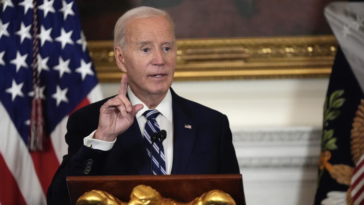 President Biden speaks at a reception for new Democratic members of Congress in the State Dining Room of the White House on Sunday, Jan. 5, 2025 in Washington.