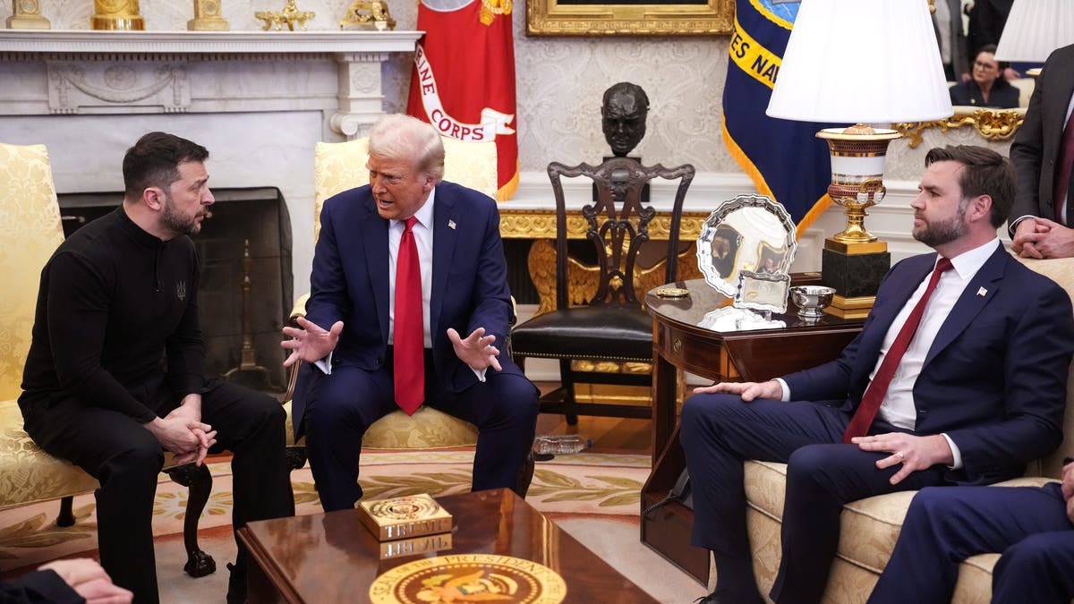 President Donald Trump, center, and Vice President JD Vance, right, meet with Ukrainian President Volodymyr Zelenskyy, left, in the Oval Office at the White House on Feb. 28, 2025, in Washington, D.C. 