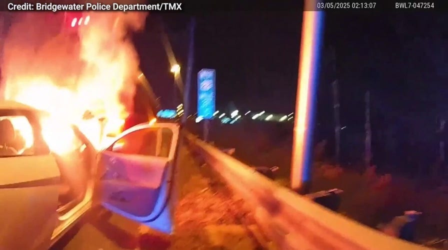 Hero police officer rescues passed out driver from blazing wreckage