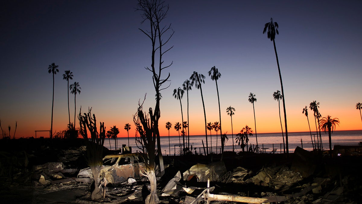 The devastation of the Palisades Fire is seen at sunset in the Pacific Palisades neighborhood