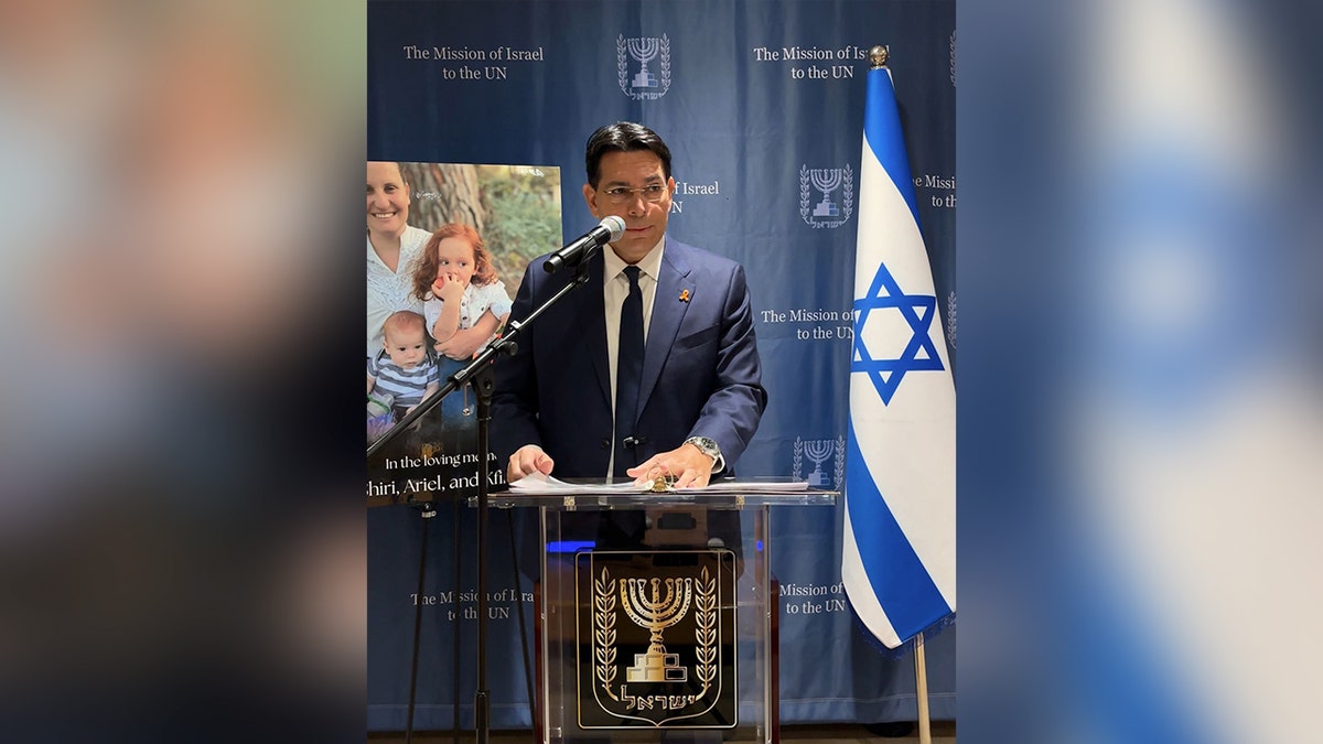 Danny Danon speaks at a memorial event for the Bibas family and Oded Lifshitz