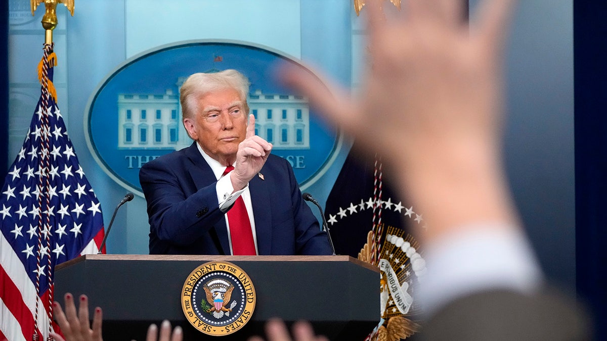 President Donald Trump speaks in the James Brady Press Briefing Room