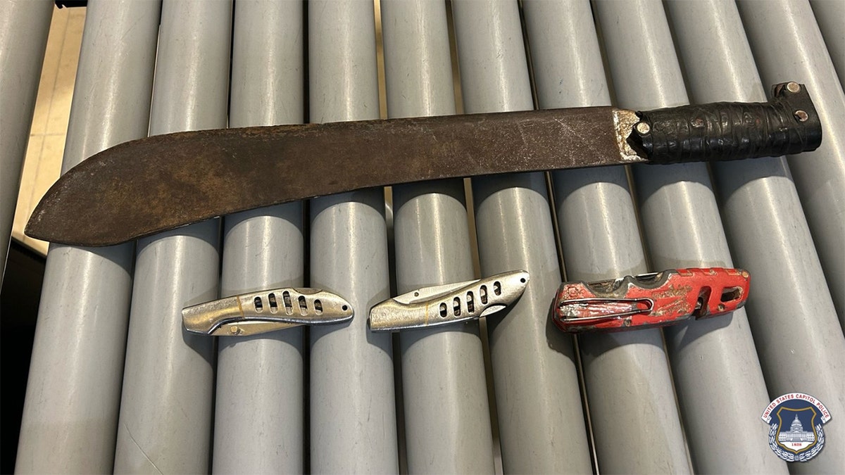 A collection of knives seized at the Capitol sit on a conveyer belt, including al arge machete