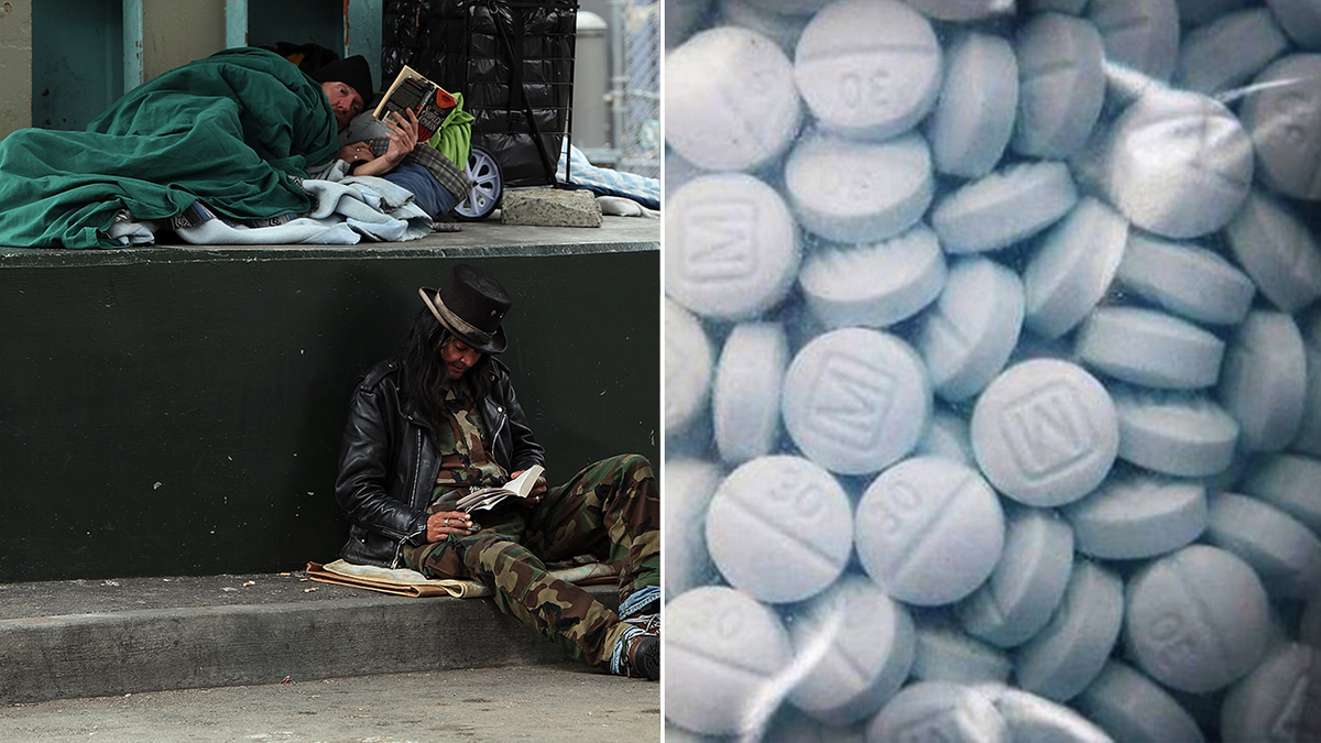 homeless individuals, left; fentanyl pills, right