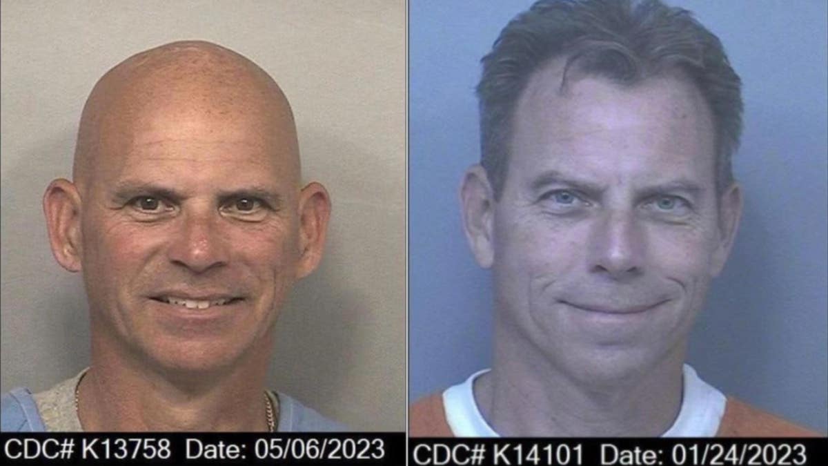 A bald Lyle smiles and Erik Menendez smirks in mugshots taken in 2023