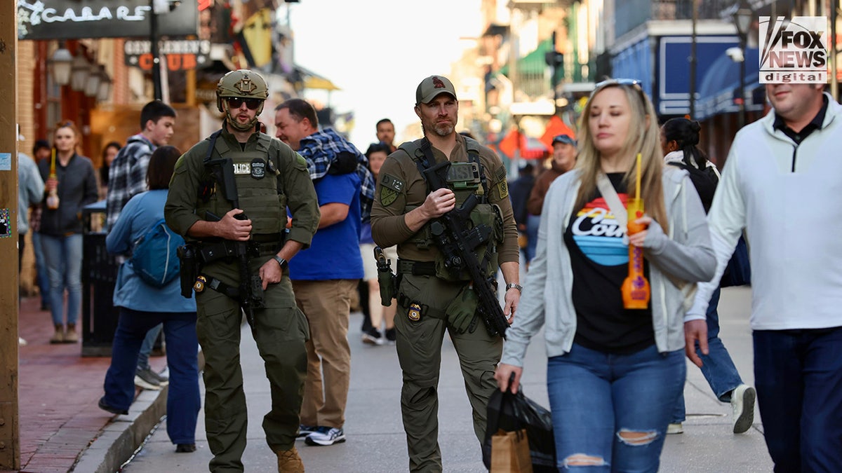 Authorities patrol Bourbon Street as it is reopened in New Orleans, Louisiana