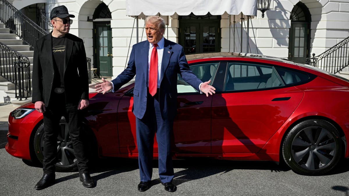 President Donald Trump, right, and Tesla CEO Elon Musk speak to reporters near a red Model S Tesla vehicle on the South Lawn of the White House on Tuesday, March 11, 2025 in Washington, D.C.