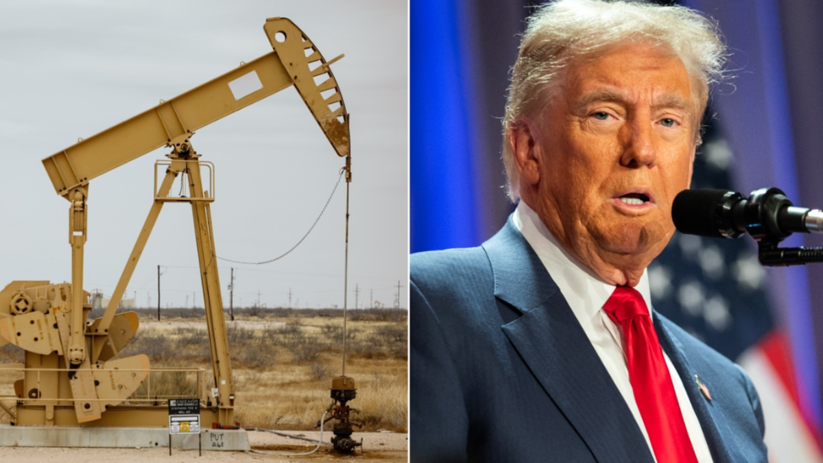 oil derrick; left; Trump at right