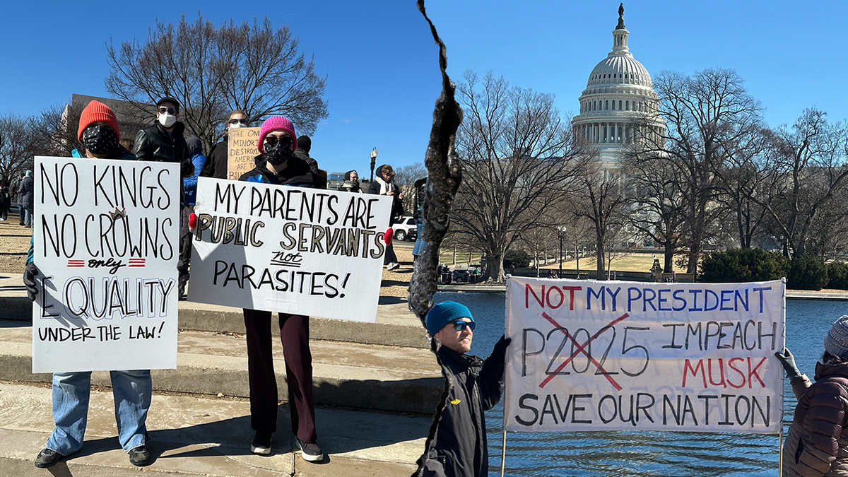 Thousands gathered at the Capitol Reflecting Pool in Washington, D.C., for the "No Kings on Presidents Day" protest on Feb. 17, 2025.