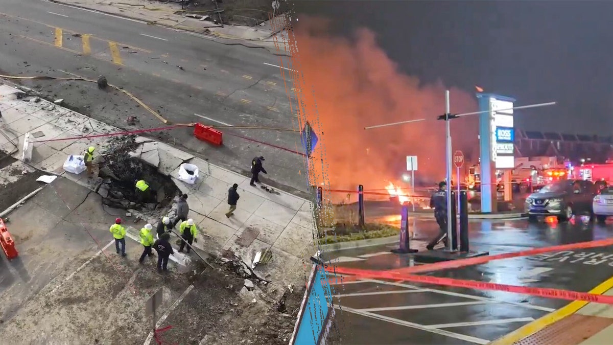 Split image of recovery site, flames at scene