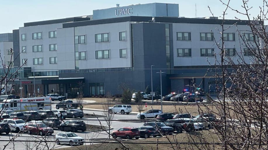 Police vehicles outside UPMC Memorial in York, Pennsylvania.