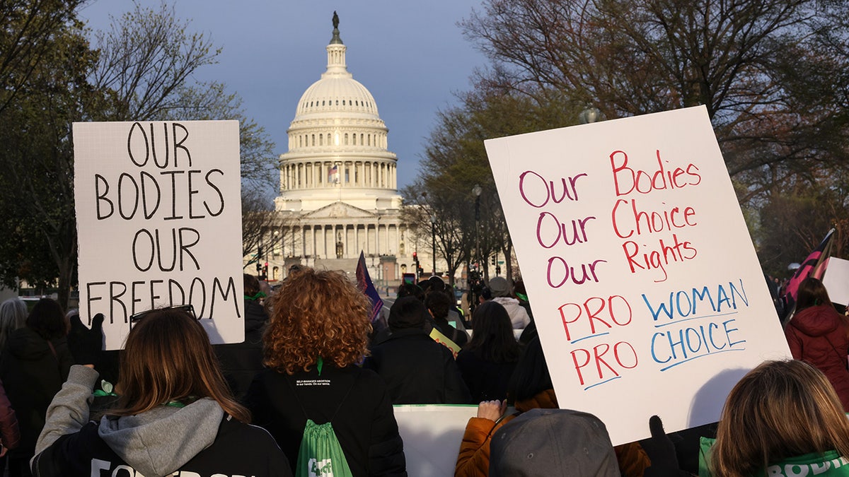 Protesters holding signs that say "Our bodies, our freedom" and "Our bodies, our choice, our rights" with the U.S. Capitol in background