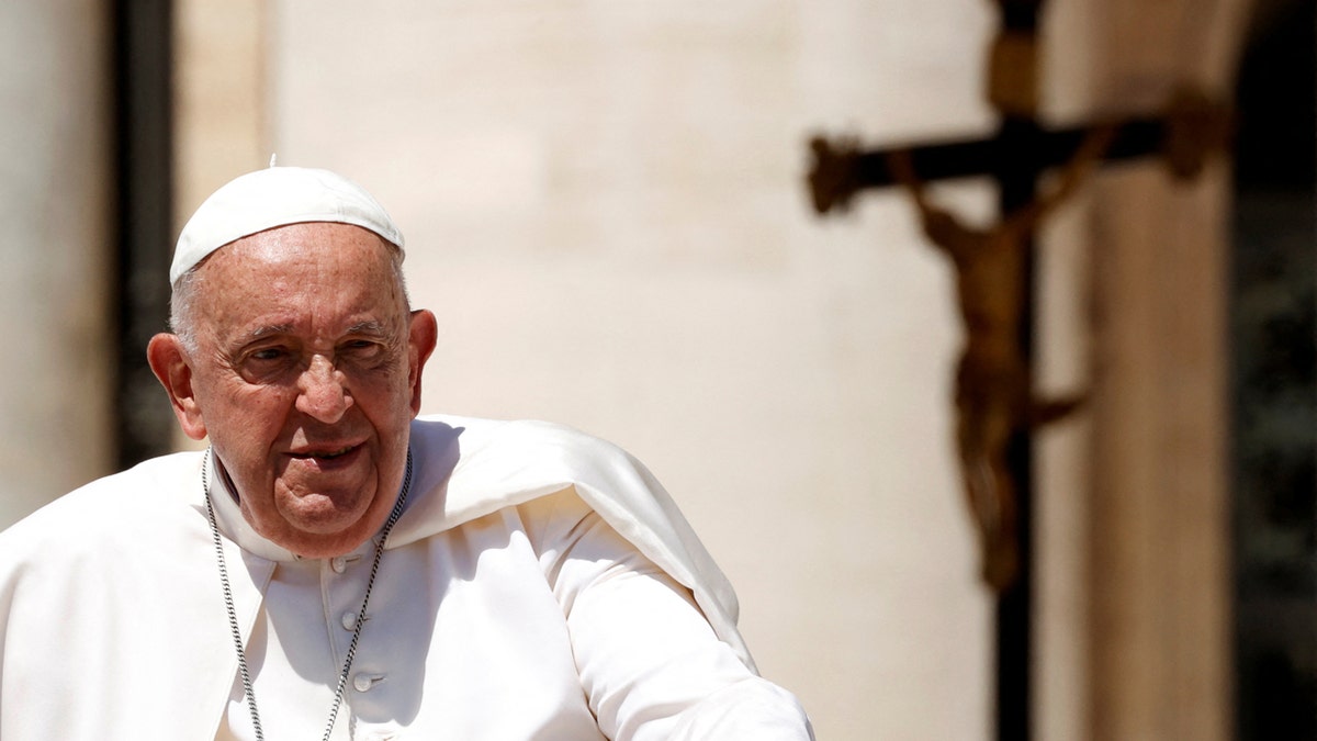 The Pope squints in the sun at the weekly general audience at Saint Peter's Square at the Vatican.