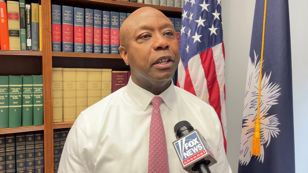 Sen. Tim Scott of South Carolina, the chair of the National Republican Senatorial Committee, is interviewed by Fox News on Capitol Hill on Feb. 19, 2025.