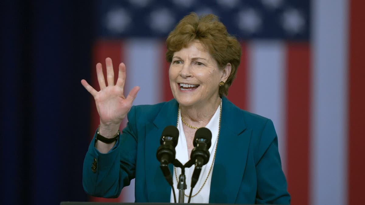 Sen. Jeanne Shaheen, D-N.H., speaks before President Joe Biden delivering remarks on lowering the cost of prescription drugs, at NHTI Concord Community College, Tuesday, Oct. 22, 2024, in Concord, N.H. 