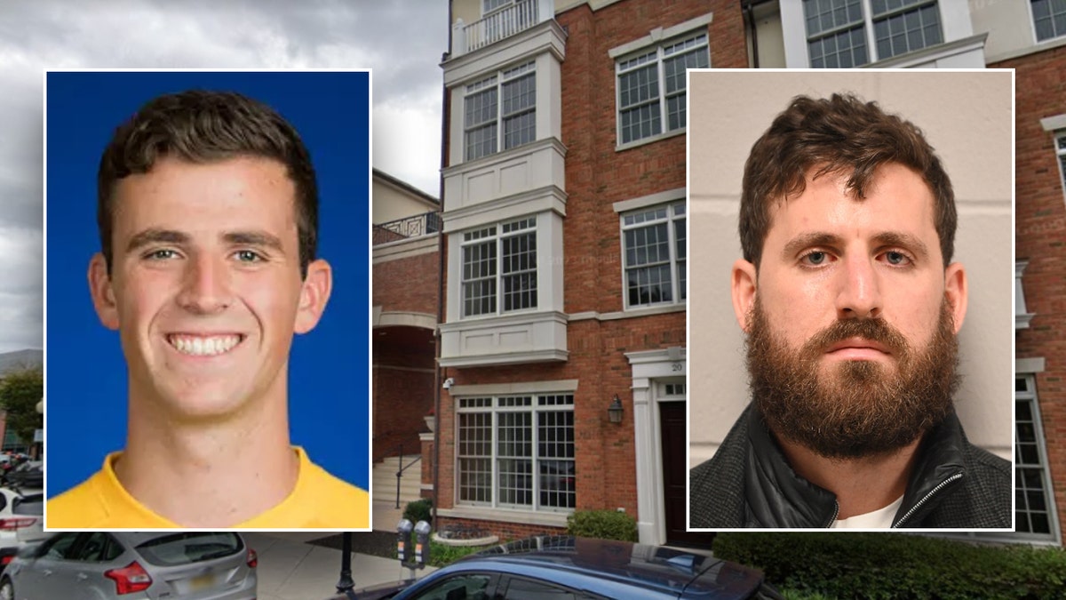 Photos of Joseph Hertgen (left) and Matthew Hertgen (right) over a photo of the apartment complex where Joseph was found dead on Feb. 22